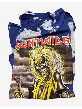 Iron Maiden Tie-Dye Graphic T-Shirt Large Blue/White 100% Cotton Band Merch